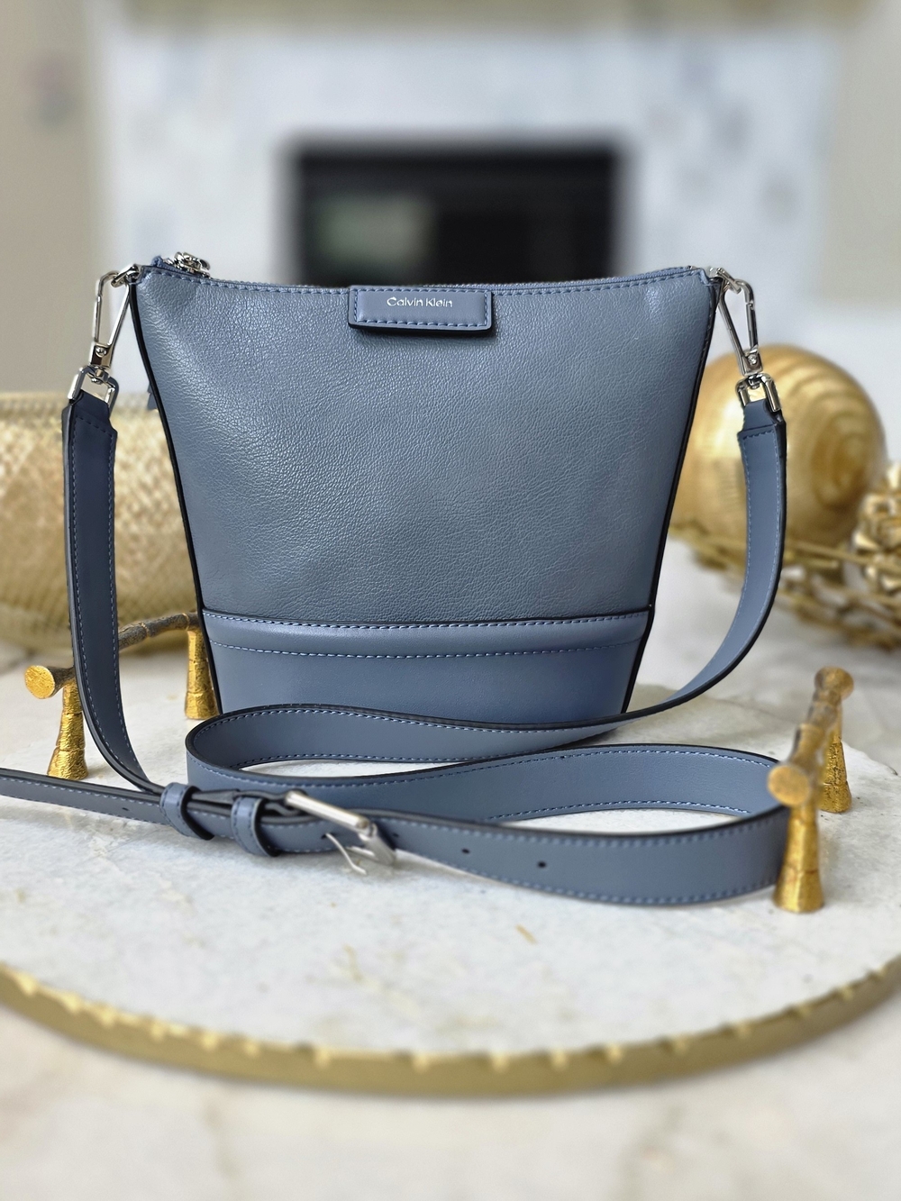 Calvin Klein Blue Gray Mini Bucket Crossbody Bag Removable Strap Silver Hardware
